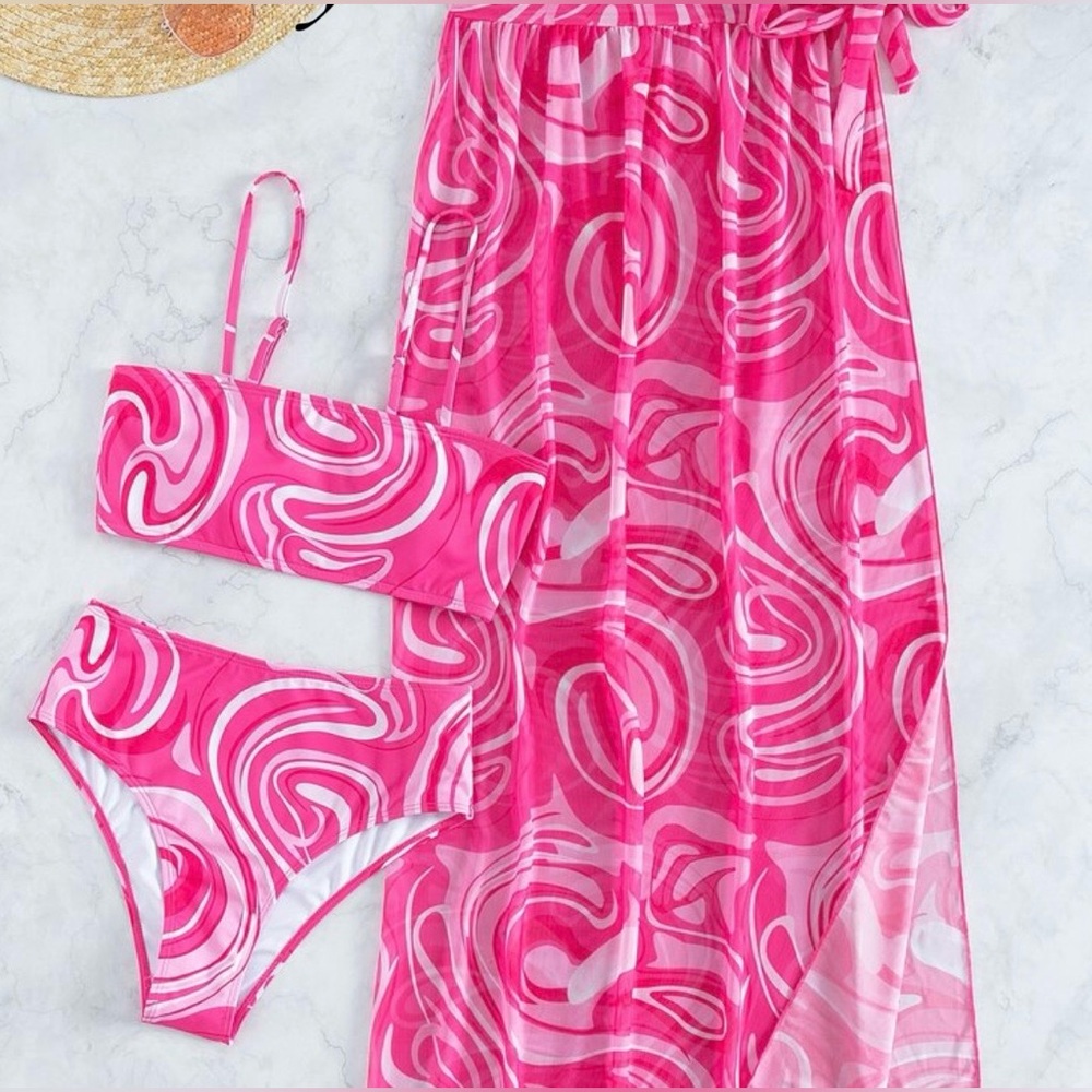 3pc Pink Swirl Bikini Set Sarong Cover-Up Size Large Y2K Barbiecore Beach